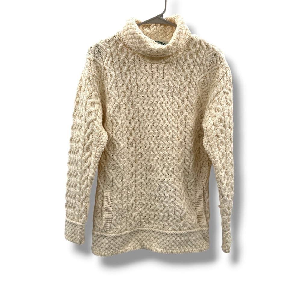 Aran Crafts Sweater Womens XS Cream 100% Merino Wool Cable‎ Knit Turtleneck